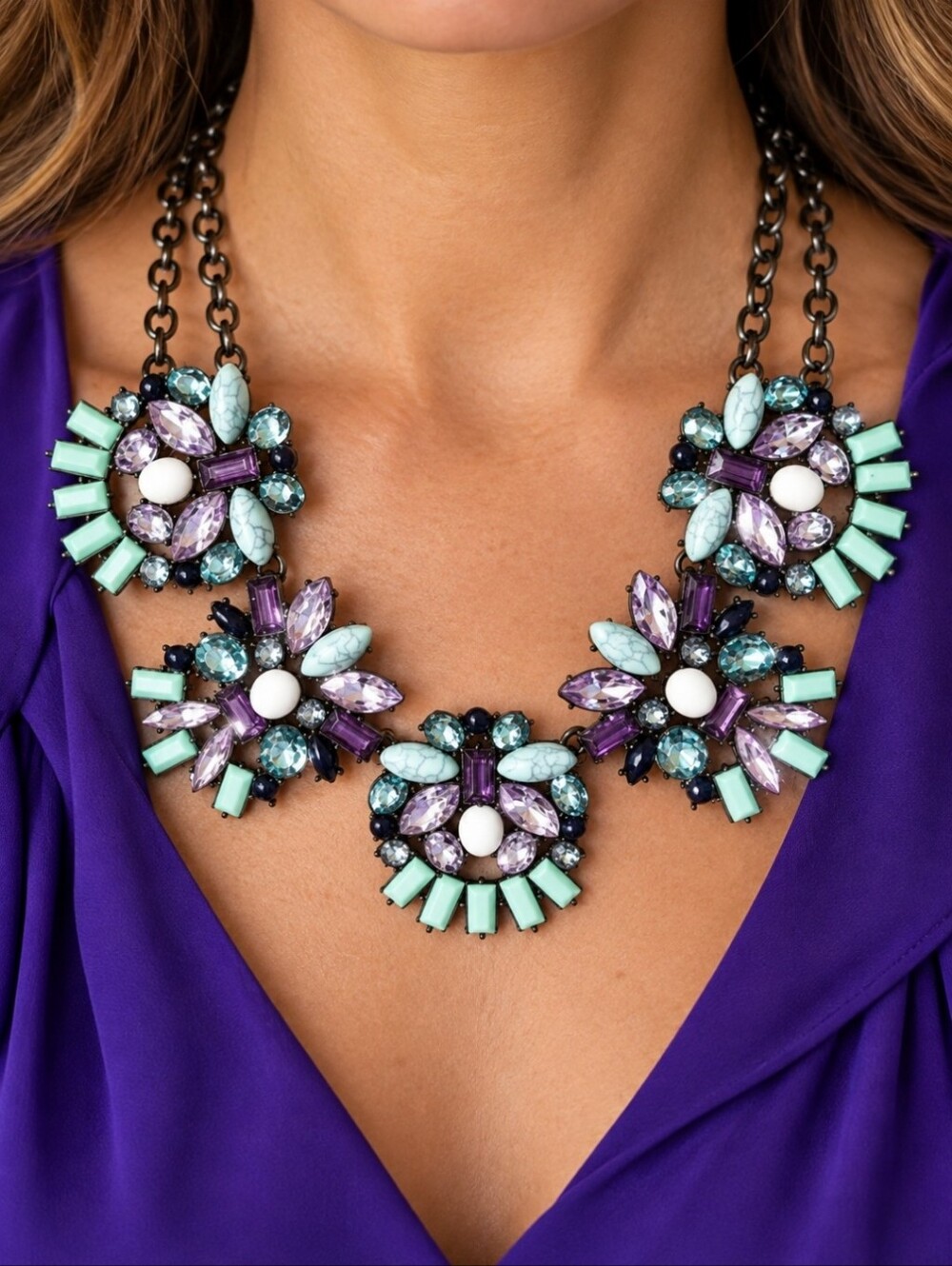 SugarFix by Bauble Bar Statement Necklace Mint Green Lavender Multi Stone EUC